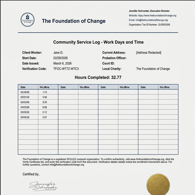 Redacted sample Community Service Log showing date-by-date entries, verification code, and official seal